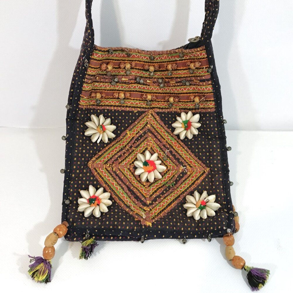Crossbody Bag India Boho Hippie Purse Shells Beaded Embroidered Tassel Bells